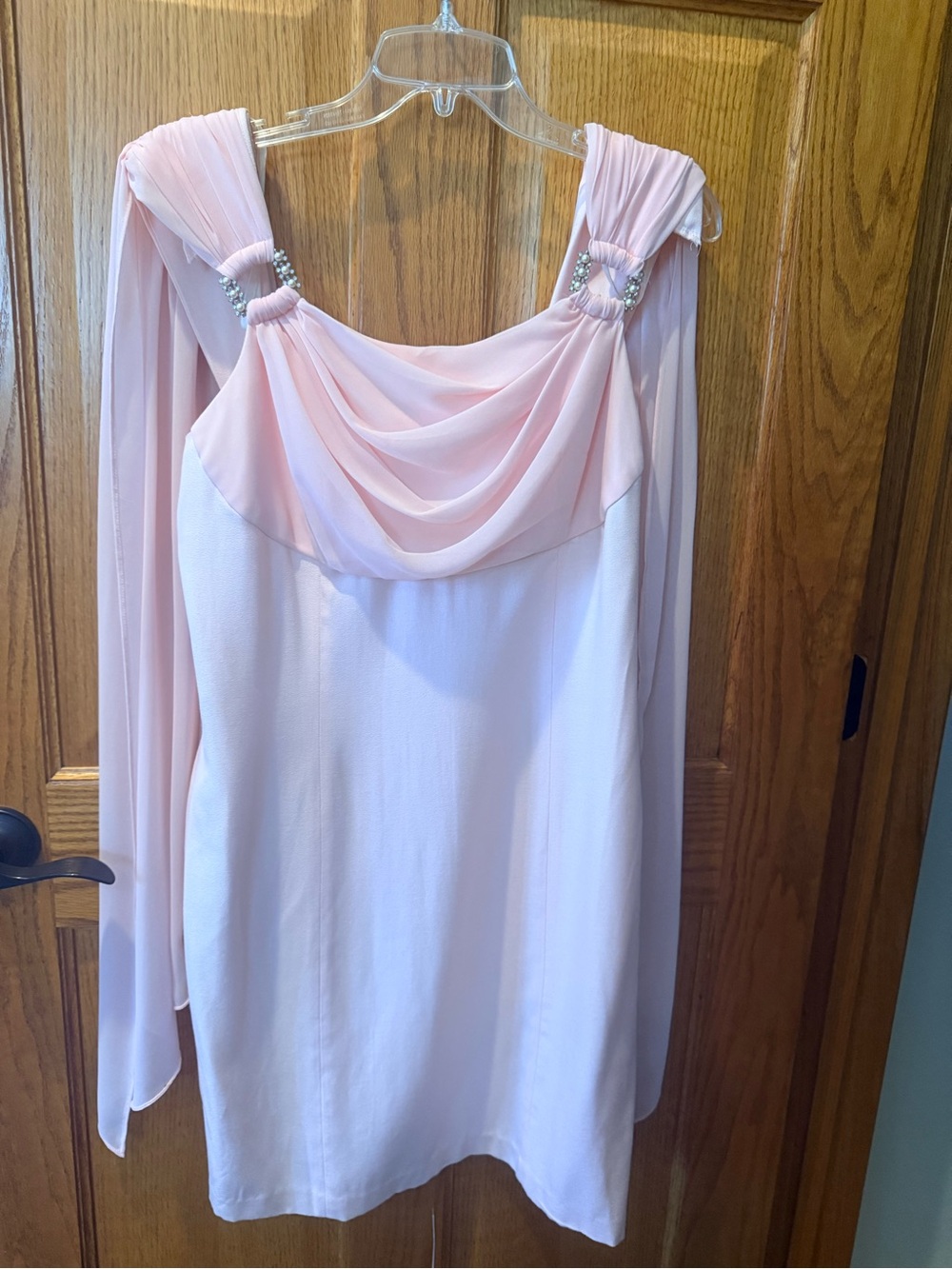CDC Blush Pink Chiffon Draped Mini Dress with Crystal Shoulder Accents